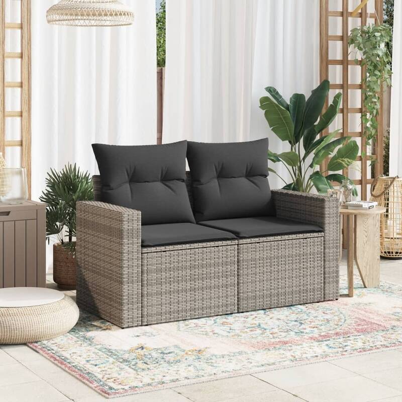 vidaXL Patio Sofa with Cushions 2-Seater Modular Couch Loveseat Poly Rattan - 24.4 x 51.6 x 27.2 in
