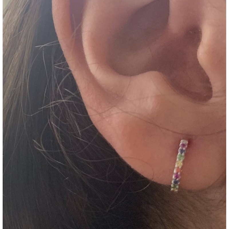 Joelle Collection Multi Sapphire Huggie Earring - 14K Gold Earrings U-Shaped Hoops With Rainbow Sapphires