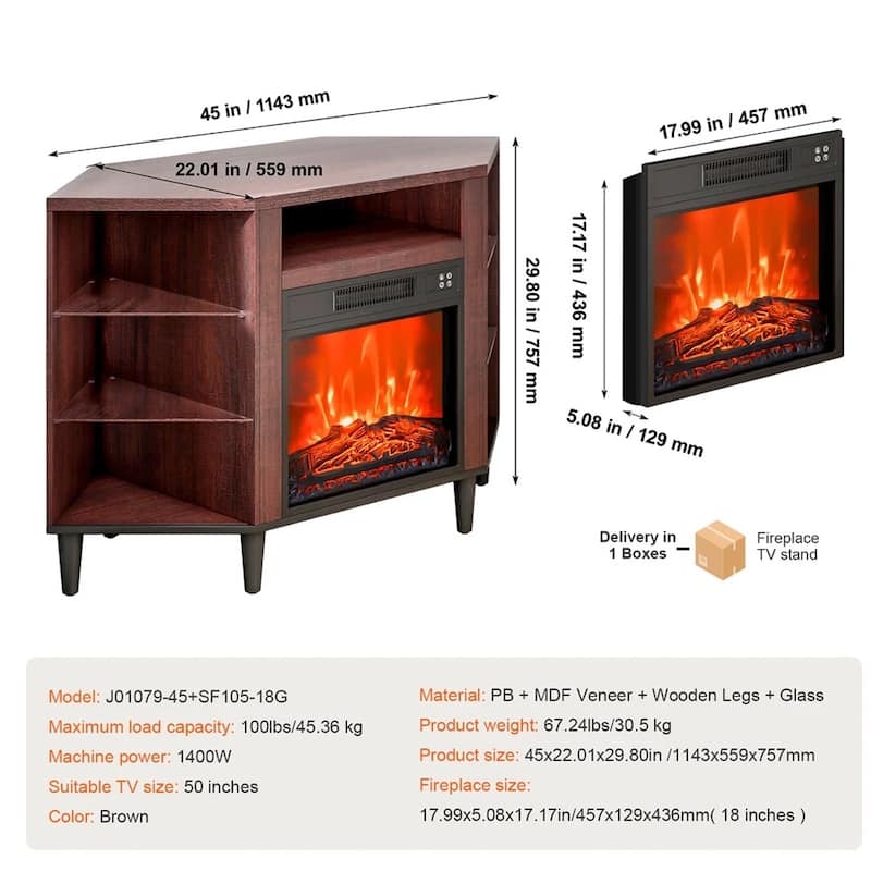 Electric Fireplace TV Stand Corner TV Stand for TVs up to 50" Brown - 42 inches