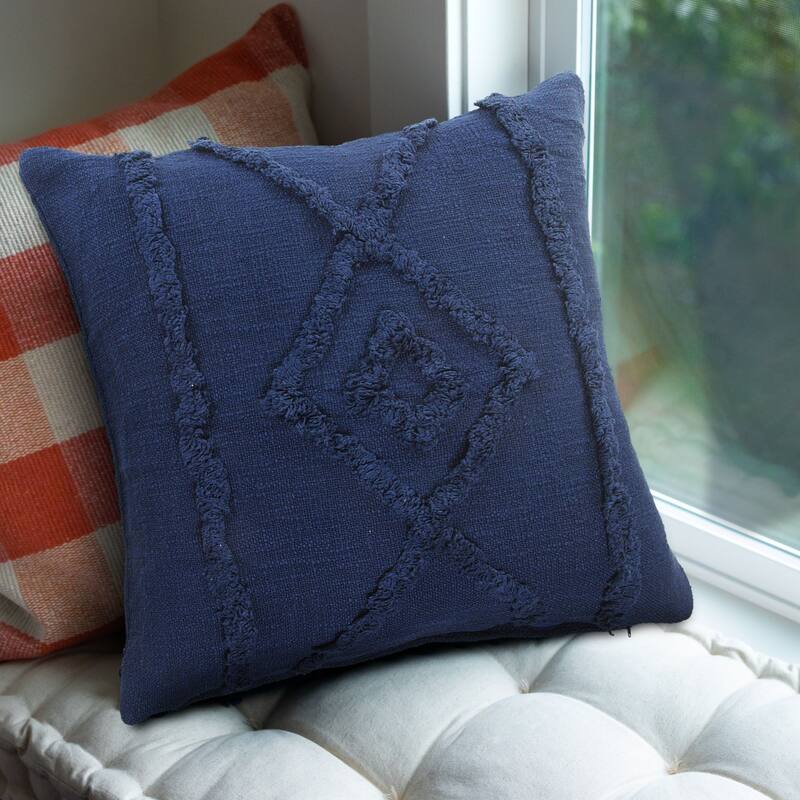 20" Navy Blue Hand Woven Diamond Tufted Square Throw Pillow