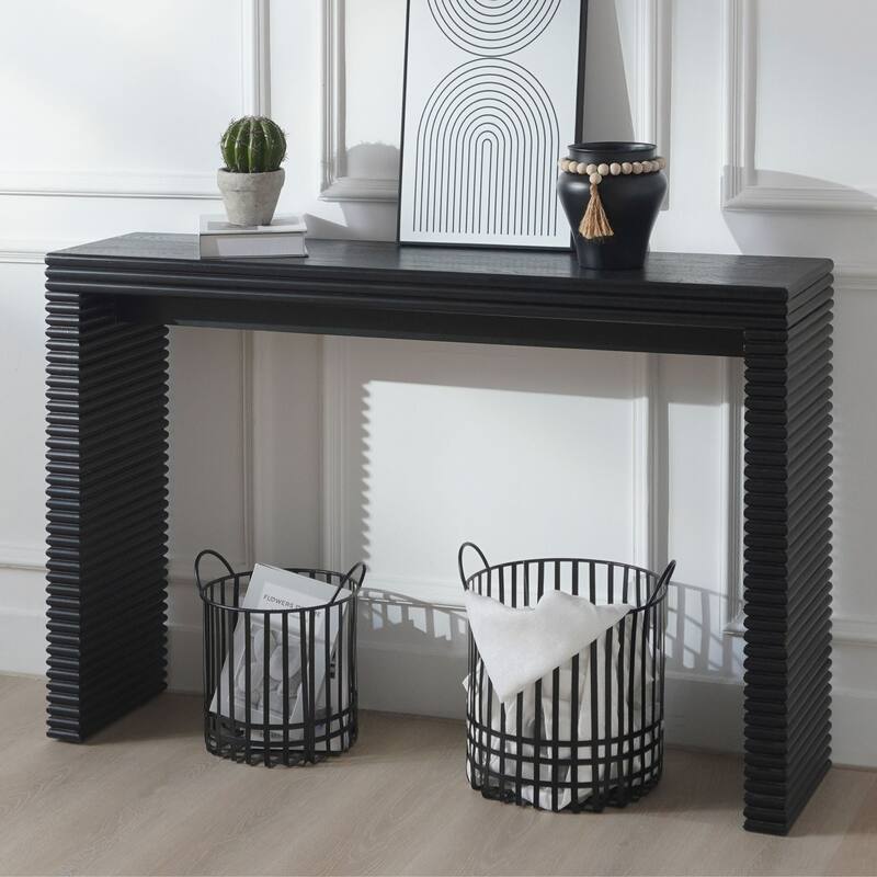 Modern Black Ribbed Design Console Table with Wood Grain Tabletop, Sleek Entryway Table Living Room Accent Table