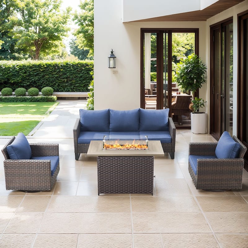 Outdoor Fire Pit Table with Patio Funiture - Brwon Wicker Blue Cushion - 5PCS Fire Table w/ Sofa Swivel Chair