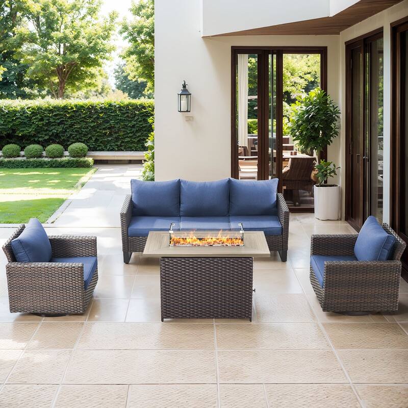 Outdoor Sofa Glider Chair & Fire Table Brwon-Blue - Brown - Brown - Blue