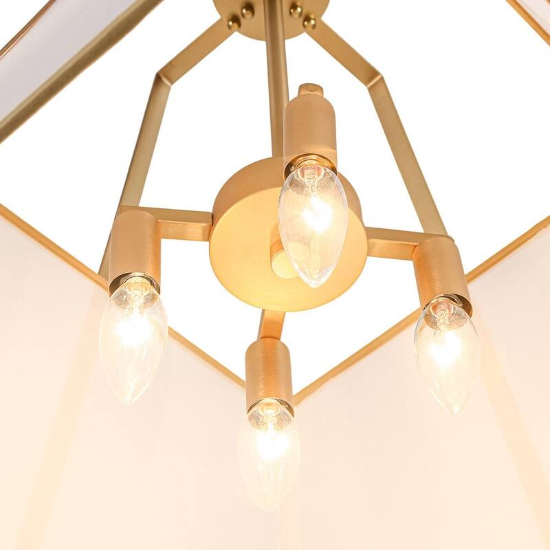 Mid-Century 4-Light Square White Fabric Cage Pendant Chandelier