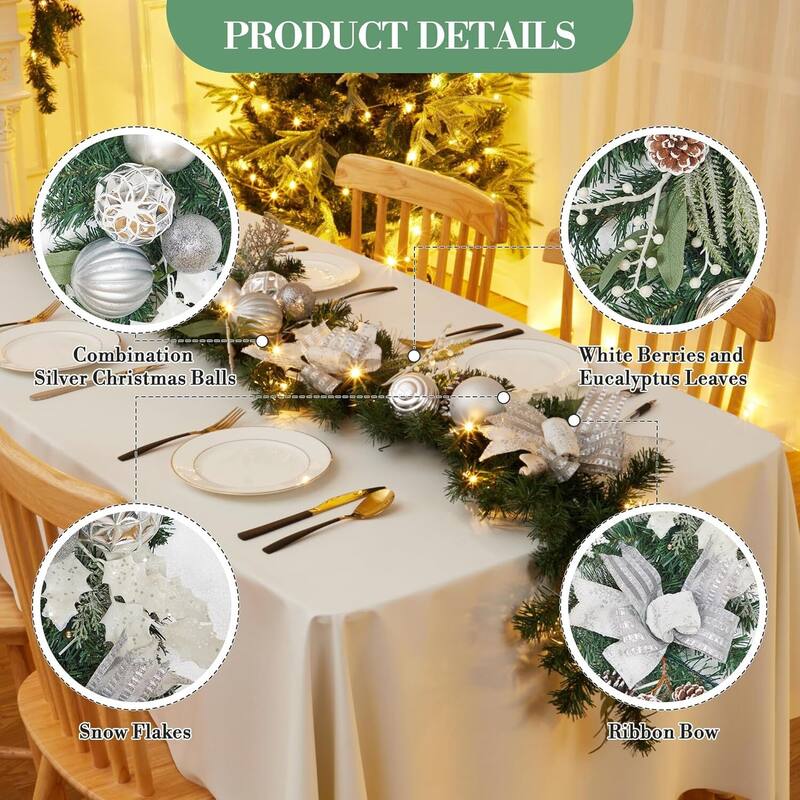 6Ft Christmas Garland with Lights Silver Ball Ornaments Pine Cones Ribbon Bows - N/A