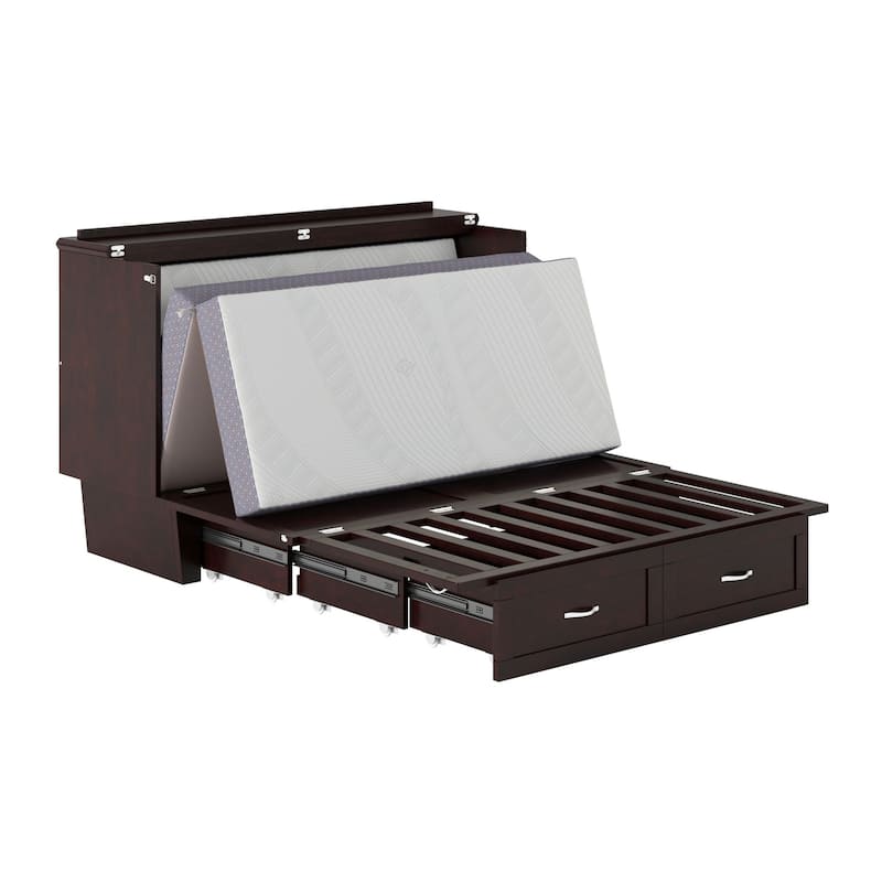 Murphy Bed Chest with Mattress & Charger - Space Saving Furniture, Espresso Finish, Queen Size