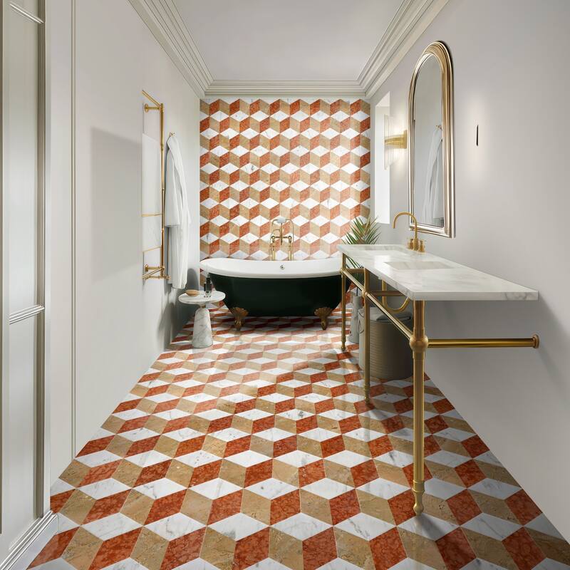 Roomfitters Hexagon Waterjet Marble Tile for Wall and Floor, Polished Natural Stone Mosaic, 12-Piece Box, White Gold Red