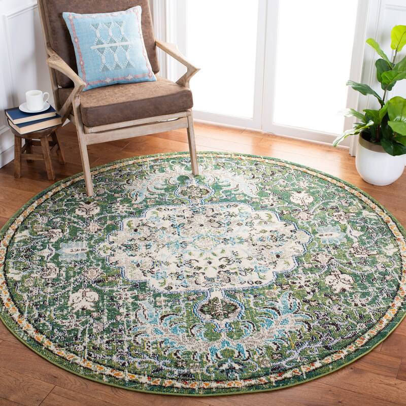 SAFAVIEH Madison Sabire Boho Medallion Distressed Rug - 10' x 10' Round - Green/Turquoise