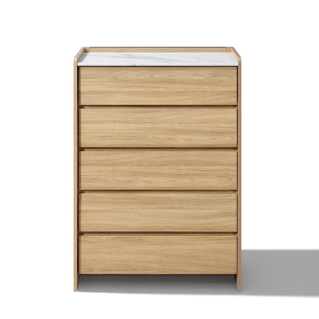 47.2" Tall Hazel Oak 5-Drawer Chest with Faux Marble Top, Manufactured Wood