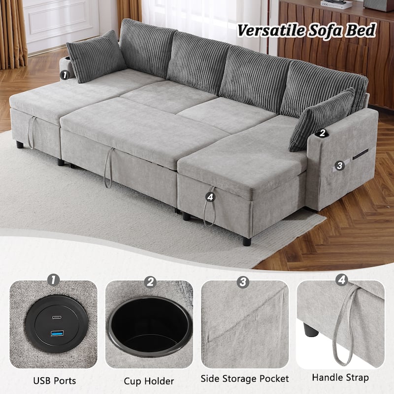 Corduroy L-shaped Sofa Sectional Sofa with 2 USB Ports and 2 Power Sockets, Storage Drawer Settee for Living Room