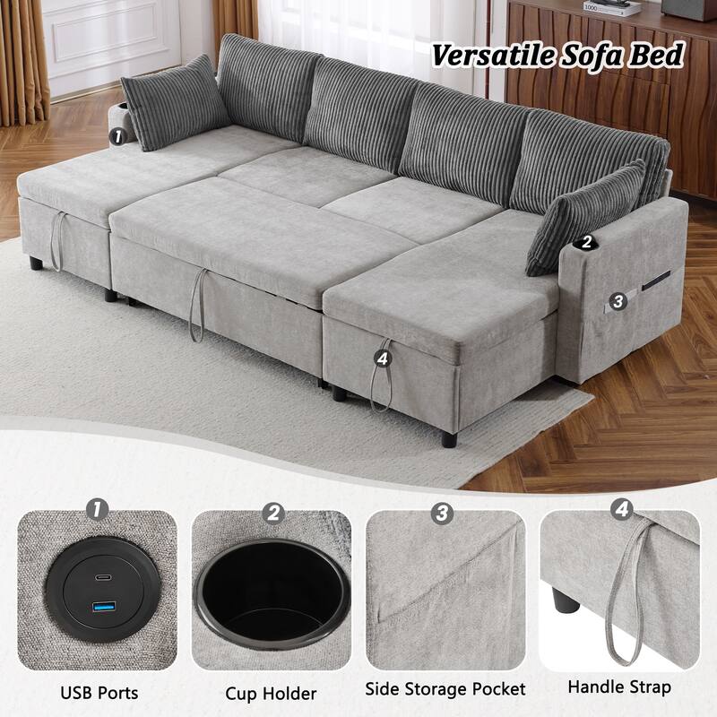 Multifunctional Sectional Sofa Bed with Pull-Out Sleeper, Dual Storage Chaises, USB Ports and Cup Holders for Living Room