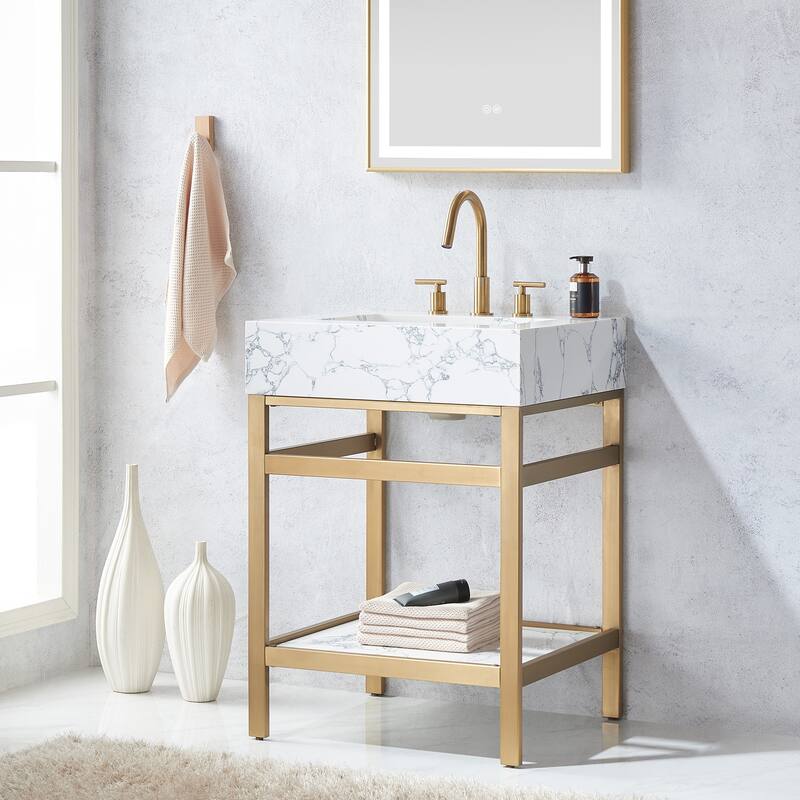 Ecija Bath Vanity, Metal Support with Composite Stone Top and Mirror