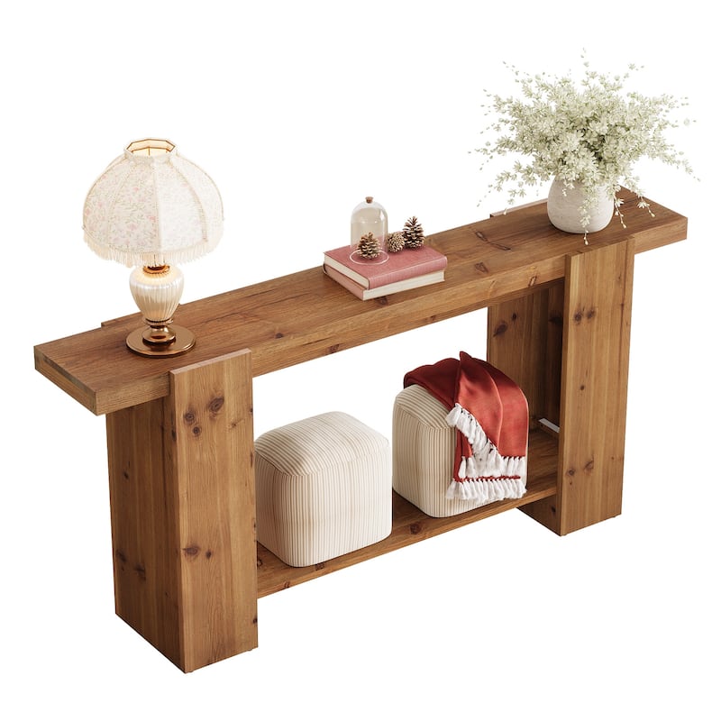 Solid Wood Entryway Table, Console Table with Storage Shelves, Sofa Behind Couch Table Hallway Foyer Accent Side Table