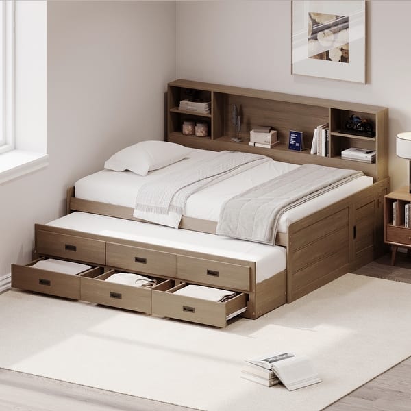 slide 2 of 15, Twin Size Captain Bed wTrundle and Bookcase Headboard, Walnut Wooden Storage Daybed w3 Drawers and 2 Side Door for Guest Room Walnut - Twin