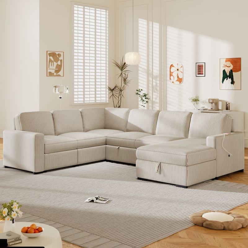 U-shaped Corduroy Combination Corner Sofa with Storage Lounge Chair - Beige