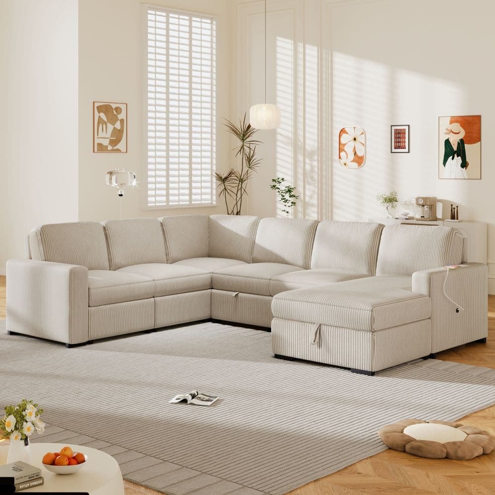 U-shaped Corduroy Combination Corner Sofa with Storage Lounge Chair