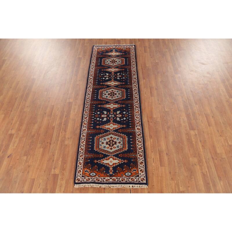 Blue Geometric Viss Oriental Runner Rug Handmade Wool Carpet - 2'7"x 7'10"