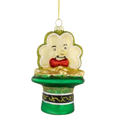 4.75" Shamrock and Leprechaun Hat Glass Christmas Ornament
