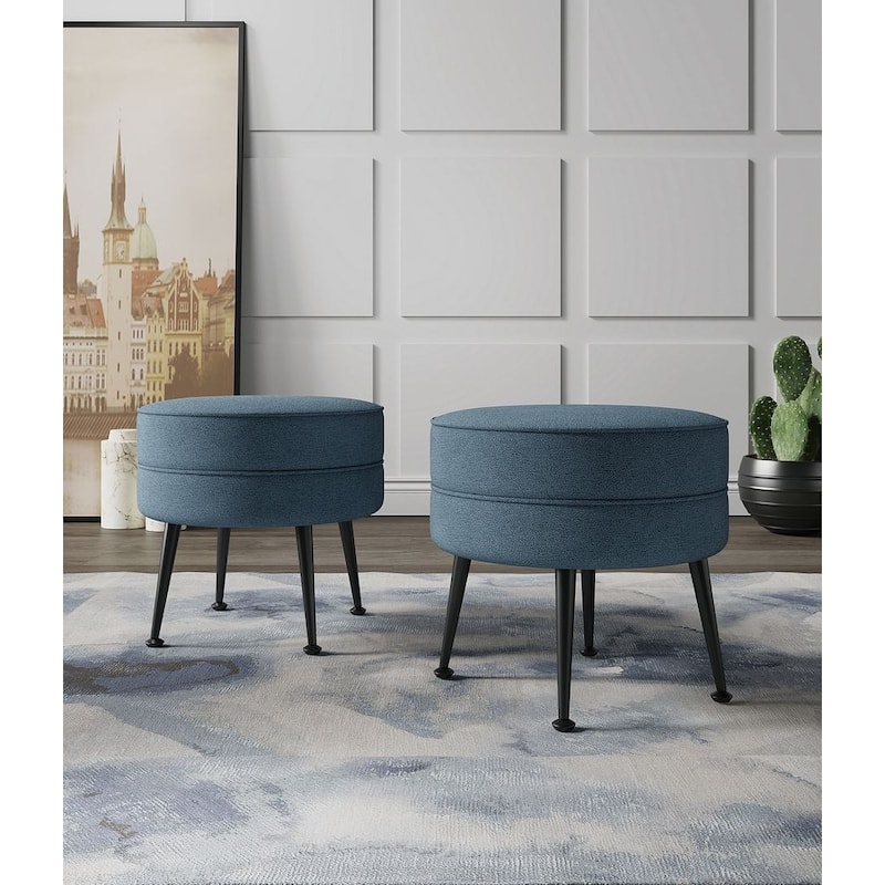 Manhattan Comfort Bailey Mid Century Modern Woven Upholstered Round Ottoman - Set of 2 - Blue Black