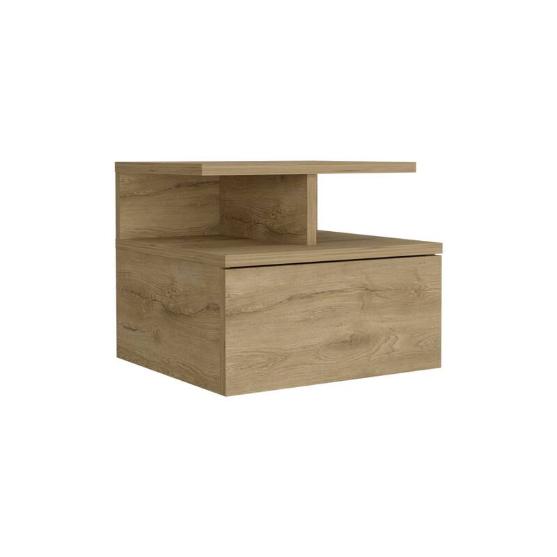 Wall-Mounted Nightstand with Drawer and 2-Tier Shelf, Macadamia