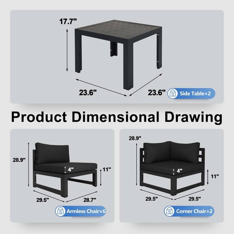 FINCATI Oversized Modular Aluminum Outdoor Furniture Set, 29" Deep Wide Sectional Seating Aluminum Patio Set with Coffee Tables