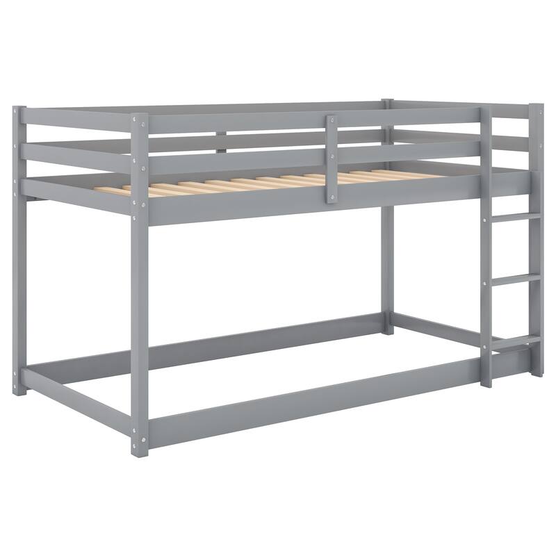 Twin Over Twin Floor Bunk Bed with Ladder, Gray - Solid Pine Wood, Low Design, Safety Guardrail