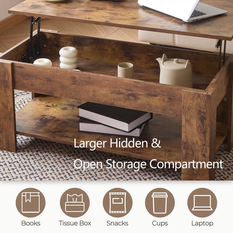 Wooden Coffee Table, Lift Top Coffee Table With Large Hidden Storage Shelf, Lift Tabletop Dining Tables