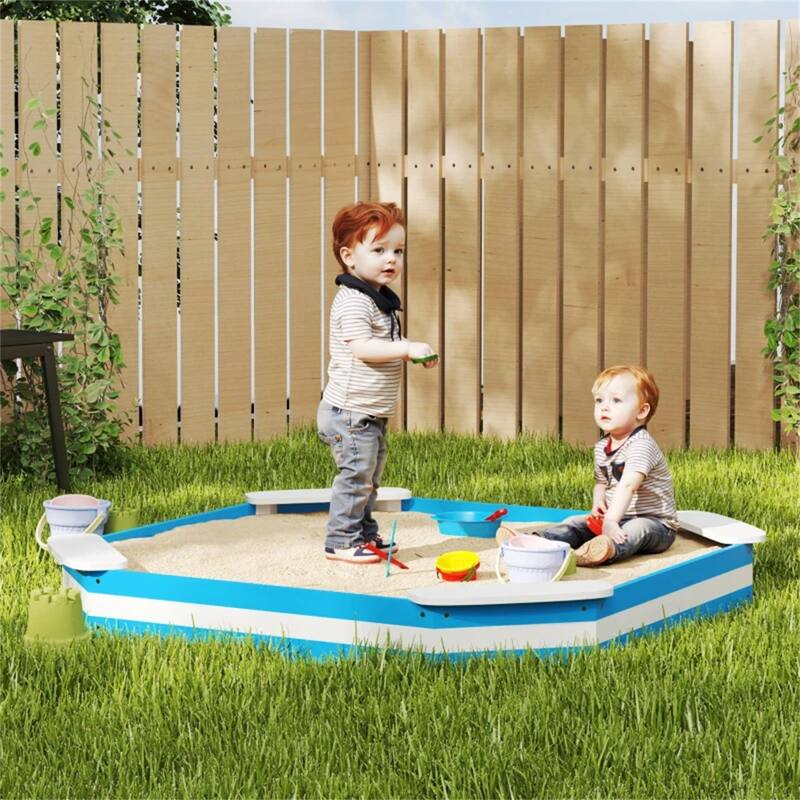 Kids Sandbox Outdoor Wooden Fir Wood with Seats Blue and White for Ages 3 to 6 - 52.4" L x 52.4" W x 6.3" H