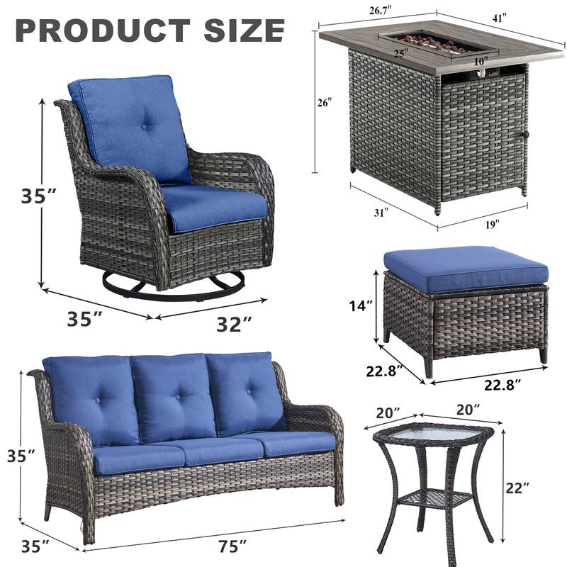 7 Piece Wicker Furniture with Fire Pit Table
