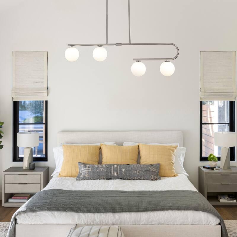 4-Light Modern Hanging Island Linear Chandelier Lighting Fixture with Glass Shade for Kitchen Foyer Dining Room