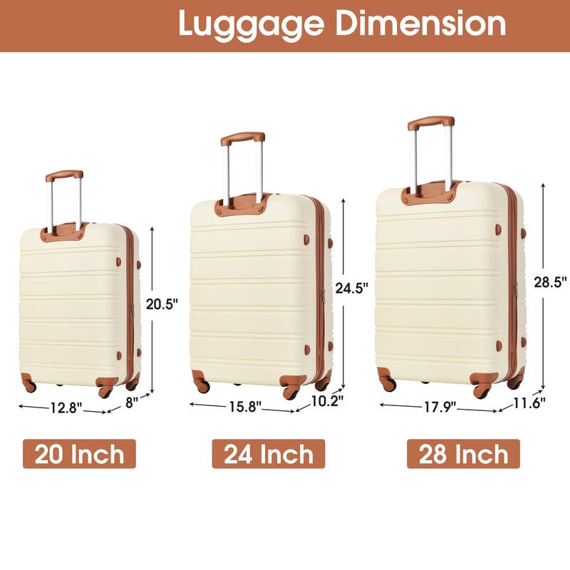 3-Piece Modern Luggage Sets, Expandable Luggage with Zippered Compartment and TSA Lock, for Boarding Travel, Antique White