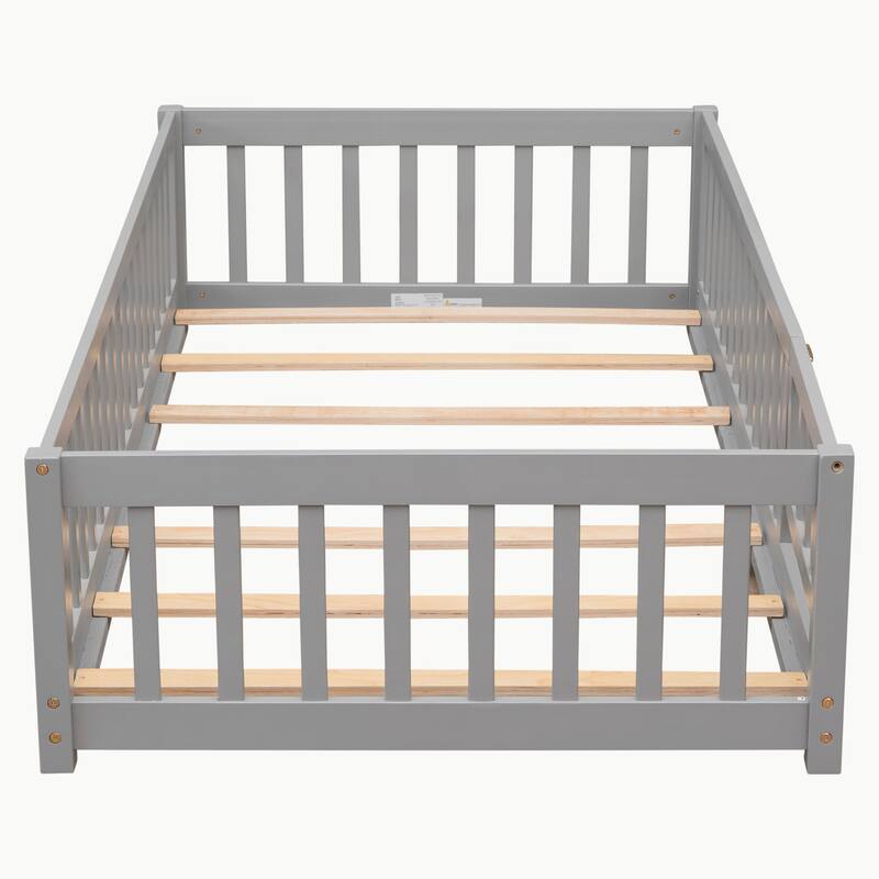 Pine Wood Floor Platform Bed with Fence and Door