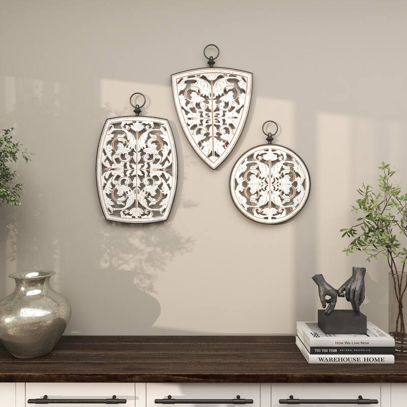 White Wooden Carved Design Floral Home Wall Decor with Ring Hanger (Set of 3)