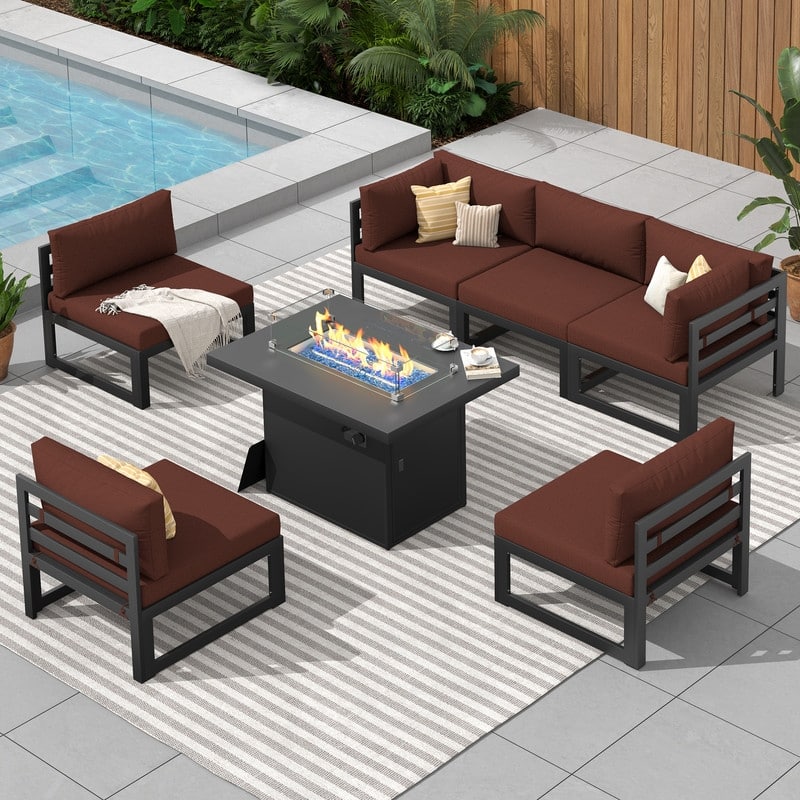 FINCATI Aluminum Outdoor Patio Furniture Conversation Sectional Sofa Set - 7 Pieces-A - Burgundy