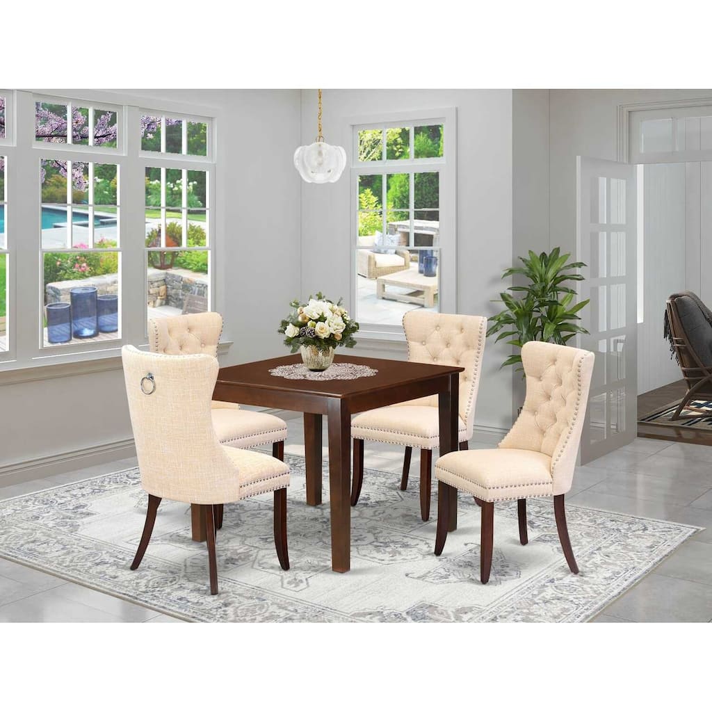 5-Piece Mahogany Finish Solid Wood Top - Square Upholstered Dining Room Set - Seats 4