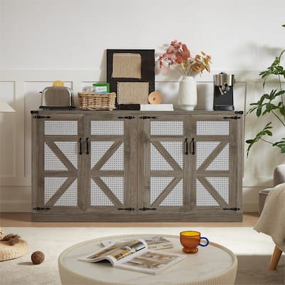 Faux Rattan 4-Barn Doors Sideboard with Adjustable Shelf