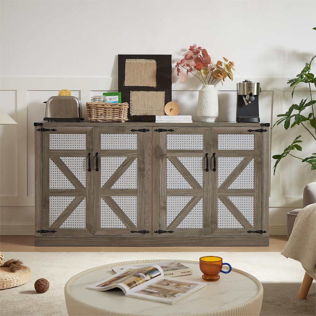 Faux Rattan Sideboard with Barn Doors Rustic Sideboard