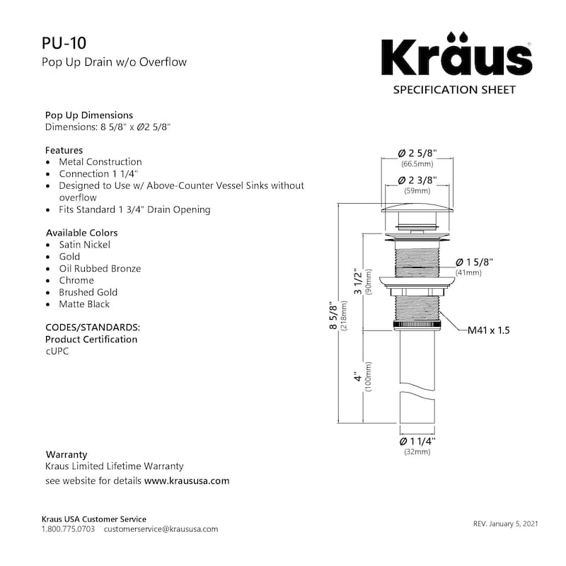 KRAUS Pop-Up Drain for Vessel Bathroom sink
