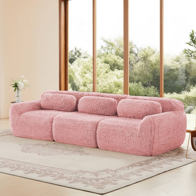 Rossetta 114'' 3-seater Soft Fluffy Plush Fabric Modular Sectional Deep Sofa Couches with Throw Pillows, Buckle Connection