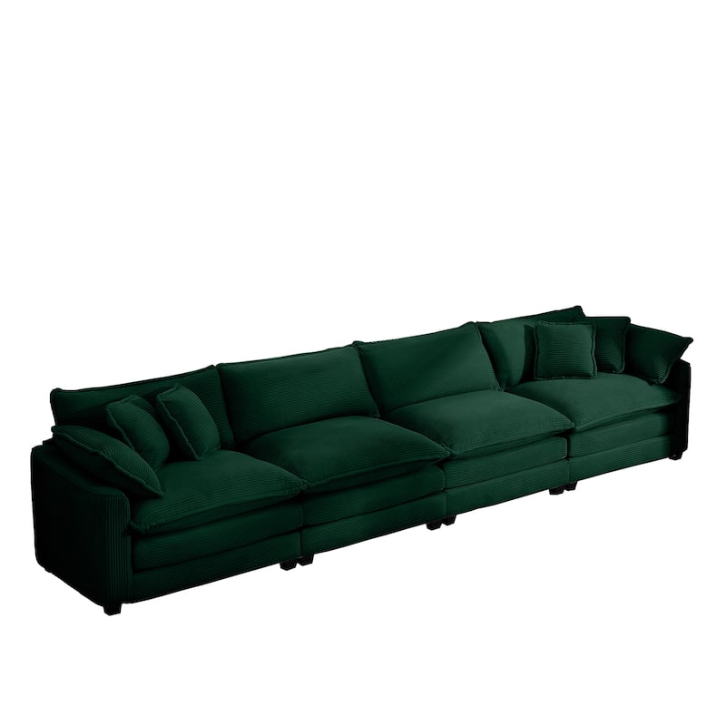 Green 150" Corduroy Cloud Upholstered 4-seater Modular Sectional Sofa with 6 Pillows, Double Cushion Seat, Free Combination