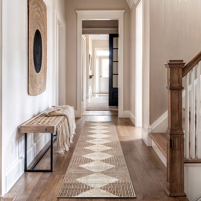 Beige Brown Geometric Stripe Stylish and Durable Area Rug - Beige - 2' 3" x 12'