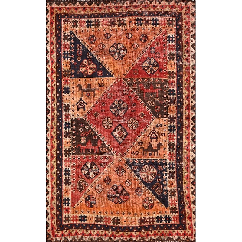 Vegetable Dye Animals Tribal Qashqai Persian Antique Rug - 3'3"x 5'6"