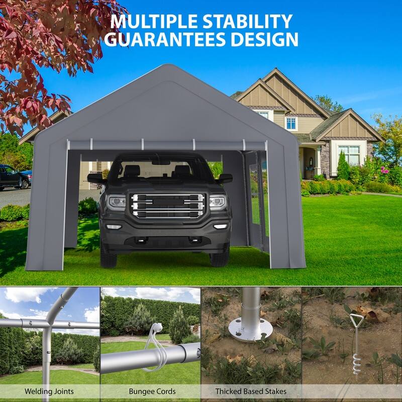 13'x20' Heavy Duty Carport, Portable Garage with 3 Roll-Up Doors & 5 Windows, Gray