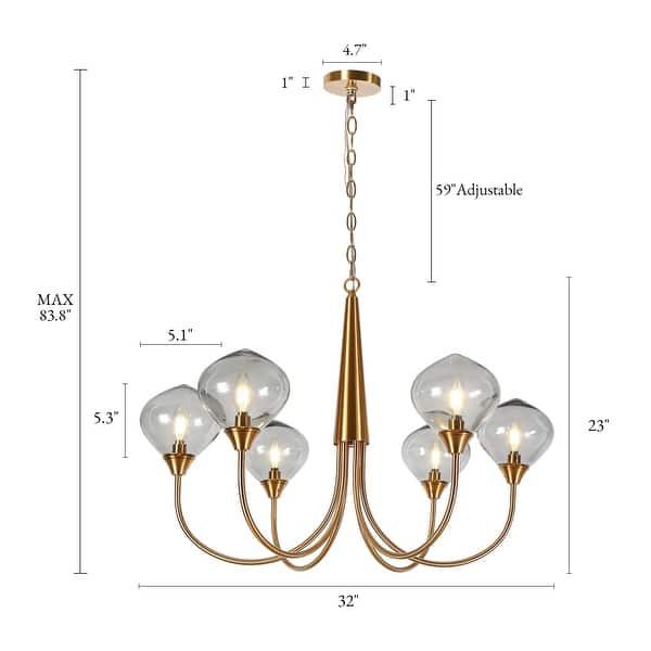 dimension image slide 1 of 2, Celesn Modern Gold 6-Light Wheel Chandelier Glass Shade for Dining Living Room - D32" x H23"