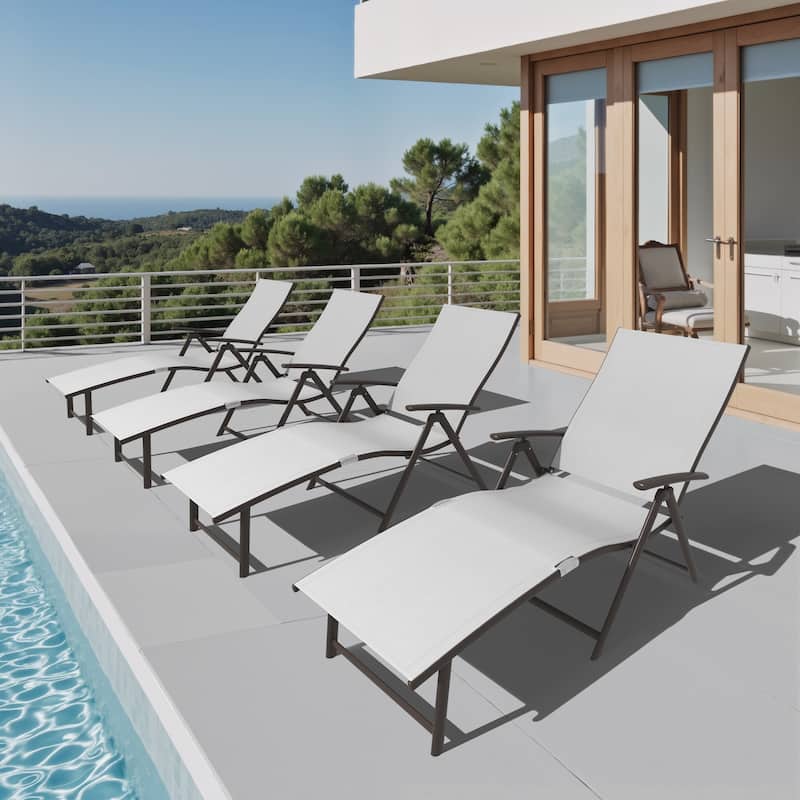 Outdoor Adjustable Aluminum Patio Folding Chaise Lounge Chair - Light Grey - 4PC