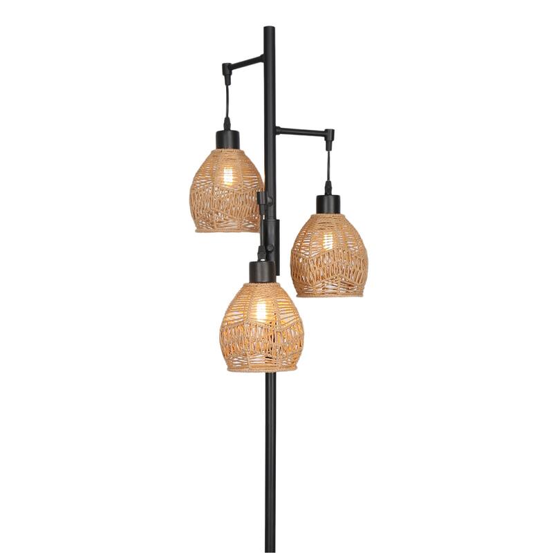 3-Lights Boho Floor Lamp with Rattan Shades