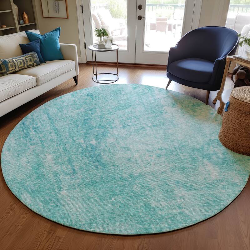 Machine Washable Indoor/ Outdoor Chantille Abstract Solid Rug - Teal - 8' x 8'