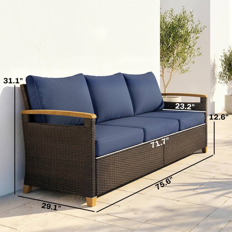 Outsunny 3 Seater Outdoor Couch Sofa, PE Wicker Patio Couch with Wide Deep Seating, 4" Foam Cushions
