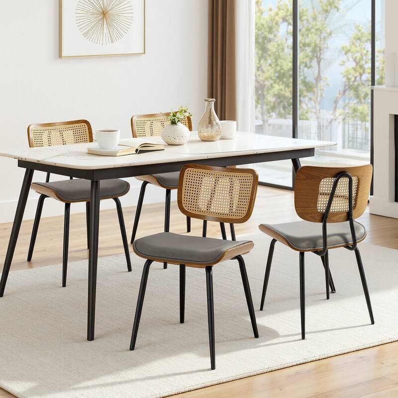 Faux Leather Upholstered Dining Chairs Set of 2/4 - 33.5"H x 19.3"W x 23"D - Set of 4 - Grey-Rattan back