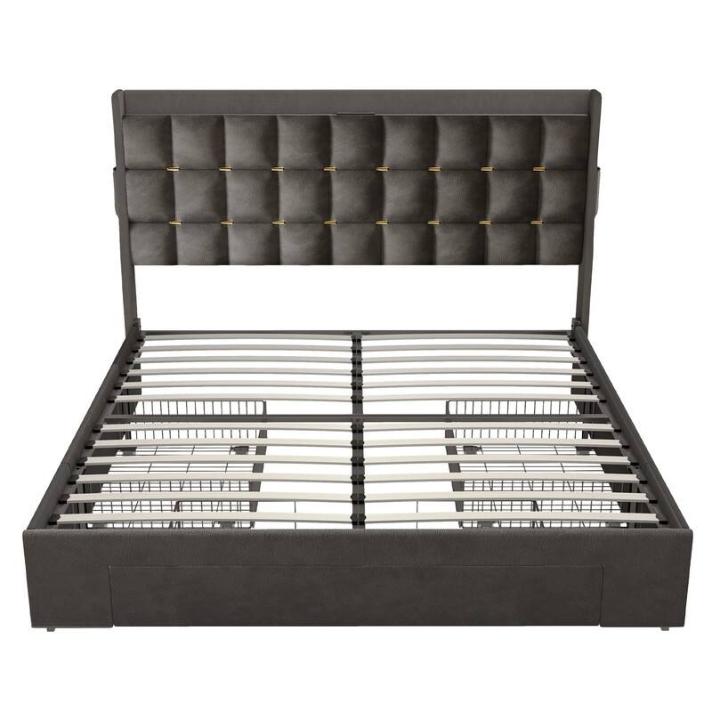 Moasis Queen/King Size Velvet Upholstered Bed with Charging Station and Storage Drawers